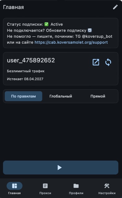 Главный экран приложения с кнопкой запуска